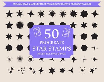50 Retro Handemade Star Procreate Stamps - 50 Sparkle Doodle Brushes (PNG, SVG)