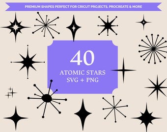 40 Handmade Retro Atomic Star Shapes SVG Clipart Bundle – 1950s Space Age Graphics (PNG Files)