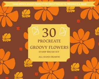Retro handgemaakte jaren 70 Floral Procreate-stempels - Groovy Flower Brush Set (digitale download)