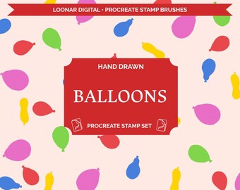 Balloon Procreate Stamp Brushes, Birthday Party Stamps, Hand-Drawn Balloon Shapes, Number Stamps, Celebration Digital Art Brush Set