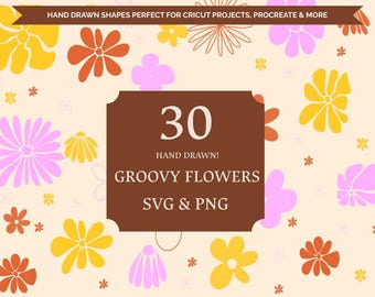Imágenes prediseñadas de flores retro hechas a mano – SVG y PNG florales estilo años 70 (Descarga digital)