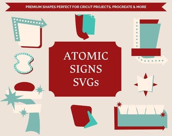 25 Handmade Retro Atomic Signage Designs SVG Clipart Bundle – 1950s Space Age Graphics (PNG Files)
