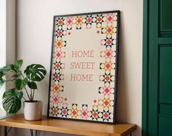 Home Sweet Home Print, Quilt Pattern Wall Art, Folk Art Poster, Colourful Cottage Decor, Vintage Inspired Digital Download