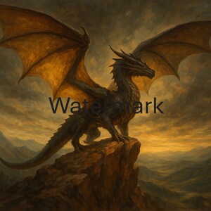 Può includere: Un dipinto digitale di un drago appollaiato su una scogliera rocciosa, con le ali spiegate contro un cielo al tramonto. Il drago è grigio scuro con ali giallo-arancio. La parola "Watermark" è visibile.