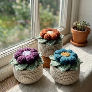 May include: Three handmade crochet flower pots with colorful flower tops. The flowers are purple, orange, and blue, with green leaves. The pots are beige and sit on a windowsill. A small terracotta pot with a plant is in the background.
