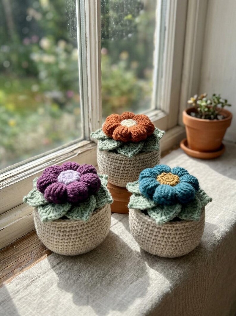 May include: Three handmade crochet flower pots with colorful flower tops. The flowers are purple, orange, and blue, with green leaves. The pots are beige and sit on a windowsill. A small terracotta pot with a plant is in the background.