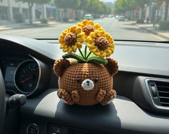 Bear Sunflower Crochet Pattern PDF, Amigurumi Bear Planter, Cute Car Dashboard Decor, Floral Plush DIY Gift