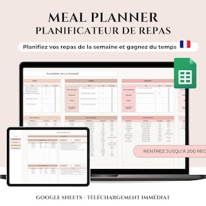 Peut inclure: Un planificateur de repas numérique affiché sur un ordinateur portable et une tablette. L'écran affiche une feuille de calcul avec des sections pour la planification quotidienne des repas. Le texte comprend "Meal Planner" et "Google Sheets - Téléchargement immédiat."