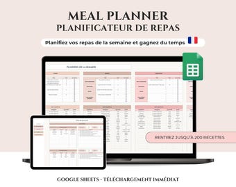 Planificador de comidas, planificación semanal de comidas en francés, Hojas de cálculo de Google, planificador de comidas, lista de compras, seguimiento nutricional, calorías.