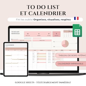 Peut inclure: Un planificateur numérique affiché sur un ordinateur portable et une tablette. L'écran affiche une liste de tâches et un calendrier avec une palette de couleurs rose et blanche. Le texte comprend "To Do List" et "Calendrier".