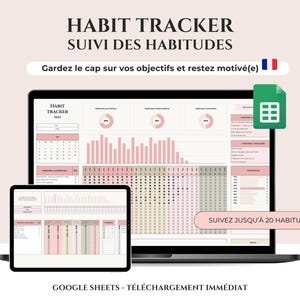 Peut inclure: Un suivi des habitudes numérique affiché sur un ordinateur portable et une tablette. L'écran affiche une feuille de calcul avec des sections codées par couleur rose et blanche pour le suivi des habitudes. Le texte en haut indique "HABIT TRACKER" et "SUIVI DES HABITUDES".