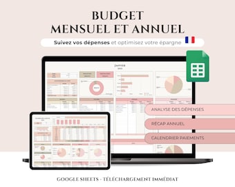 Budget mensuel et annuel français planificateur gestion de budget Google Sheets suivi épargne personnelle dépenses