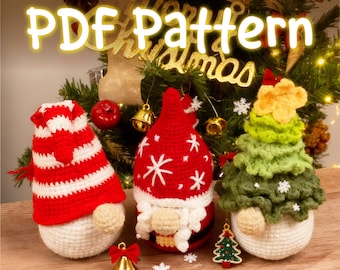 May include: Three handmade Christmas gnome ornaments. One is red and white striped, one is red with white snowflakes, and the third is green and yellow like a Christmas tree. The text "PDF Pattern" is at the top.