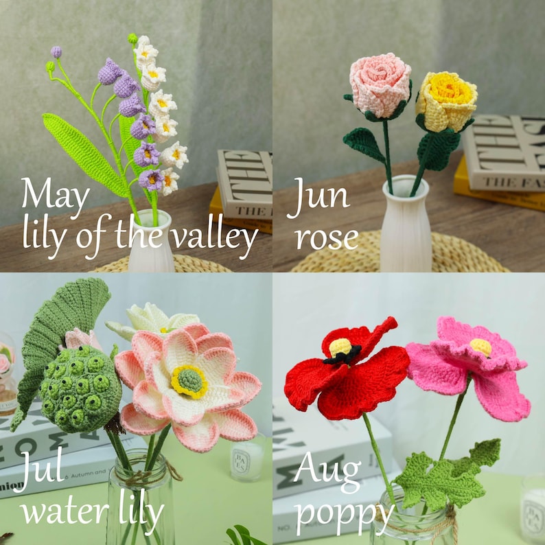 May include: A collage of four crochet flower arrangements in vases. The flowers include lily of the valley, roses, water lilies, and poppies. The text on the image reads "May lily of the valley", "Jun rose", "Jul water lily", and "Aug poppy".