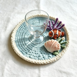 Handmade Crochet Ocean Coaster & Trinket Dish, Clownfish Coaster, Seashell Coral Desk decor, Nautical Jewelry Tray, Gift for Ocean Lovers