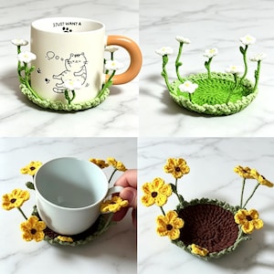 Könnte beinhalten: Zwei gehäkelte Tassenuntersetzer mit befestigten 3D-Blumen. Einer ist grün mit weißen Gänseblümchen und einer cremefarbenen Tasse mit Katzenmotiv und dem Text I JUST WANT A. Der andere ist braun mit gelben Blumen und einer schlichten weißen Tasse.
