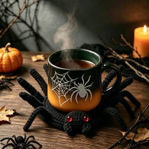 May include: A ceramic mug with a dark green to orange gradient finish, featuring a white spiderweb and spider graphic, resting on a black crocheted spider-shaped coaster with two red eyes. Steam rises from the mug containing a dark liquid.