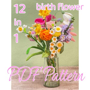 Op de afbeelding: Een kleurrijk gehaakt boeket bloemen in een heldere glazen vaas. Het boeket bevat gele, roze, oranje, witte en paarse bloemen met groene bladeren. Tekst op de afbeelding luidt "12 in 1 birth Flower" en "PDF Pattern".