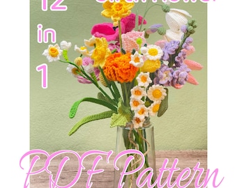 12 in 1 Birth Flower Crochet Pattern Bundle PDF – Crochet Birth Month Flower Bouquet Pattern, Amigurumi Flowers, Wedding Décor Birthday Gift