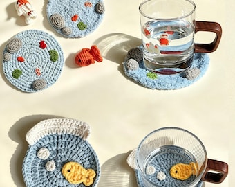 Crochet Fish Coaster, Handmade Fish Bowl Cup Mat, Cute Water Mug Coaster Home Decor