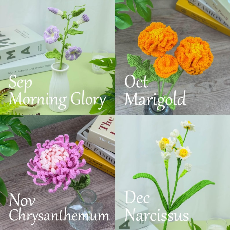May include: A collection of handmade crochet flowers, including Morning Glory, Marigold, Chrysanthemum, and Narcissus. Each flower is displayed in a vase, with text labels indicating the month and flower name. The flowers are in shades of purple, orange, pink, and white.