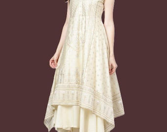Traje de kurta, pantalón, dupatta y salwar de seda Chanderi con estampado étnico en capas, tallas grandes y regulares.