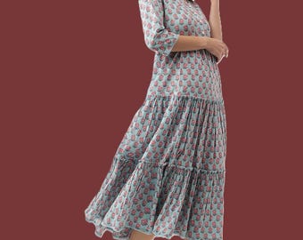 Sky Blue Floral Cotton Tiered Midi Dress, Boho Summer Casual Style