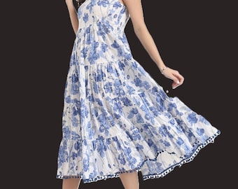 Women Floral Print Fit & Flare Midi Dress, Cotton Midi Dress, Summer Casual Dress, Floral A Line Dress, Elegant Day Dress