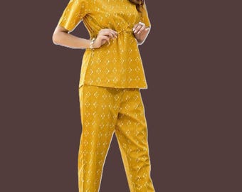 Printed Pure Cotton Peplum Top with Trouser for Women, Stylish Co-Ord Set, Casual Cotton Outfit, Summer Lounge Wear, Comfortable Two Piece