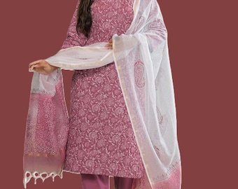 Pink Heavy Print Cotton Straight Kurta Pant Dupatta Set for Women Indian Ethnic Wear