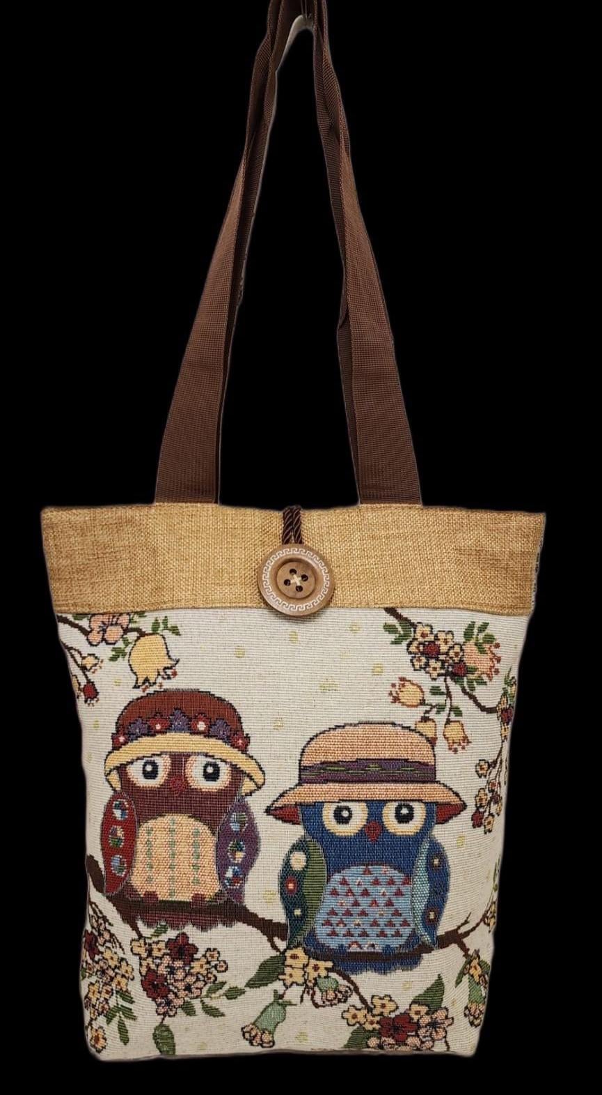 Handmade Jute Tote Bag 13x15 Inch, Owl Print Shoulder Bag, Eco Friendly Shopping , Large Reusable Fa