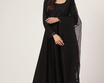 Long Sleeve Cotton Anarkali Kurta Set, Lace Detail Indian Tunic with Trousers and Dupatta, 3 Piece Salwar Suit, Modest Ethnic Outfit