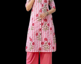 Pink Floral Cotton A-Line Kurta Set | Women's Casual Ethnic Wear (Plus Size)