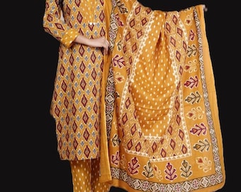 Printed Cotton Kurta Pant Dupatta Set: Indian Wedding Party Wear