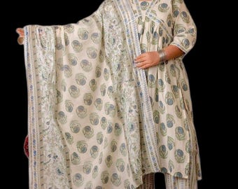 May include: A three-piece outfit consisting of a long-sleeved tunic, matching trousers, and a large shawl. The set features an off-white base fabric with a repeating blue and green floral block print pattern and decorative border detailing.