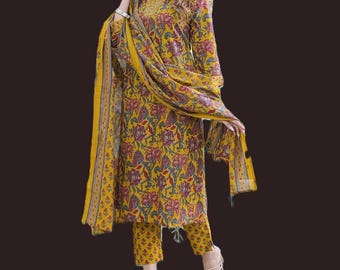 Yellow Floral Cotton Kurta Pant Set with Dupatta, Indian Ethnic Casual Festive Wear