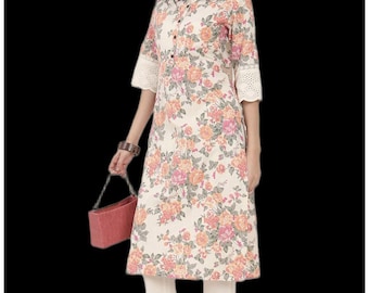 Kurta de algodón rosa con estampado floral para mujer, kurti étnico elegante, túnica suave para uso diario, kurta de diseño informal indio.