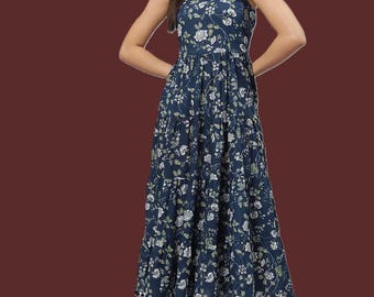 Navy Blue Floral Tiered Midi Dress, Cotton Boho Summer Dress, Shoulder Straps, Pom-Pom Hem