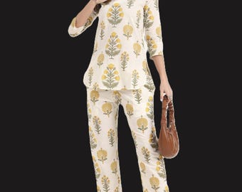 Handmade Floral Cotton Tunic Trouser Set, Women's Casual Lounge Outfit