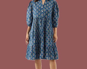 Vestido midi de algodón azul con estampado paisley, estilo bohemio veraniego, corte en A, mangas abullonadas, hecho a mano.