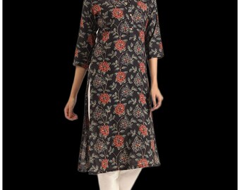 Floral Mandarin Collar Kurta, Viscose Rayon Daily Ethnic Dress