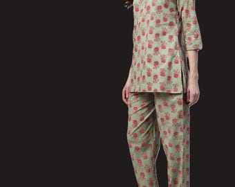 Green Printed Loungewear Nightwear for Women, Cotton Sleepwear Set, Soft Pajama Set, Comfortable Homewear