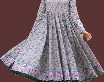 Sky Blue Hand Block Cotton Anarkali Kurta Pant Set, Floral Print Dupatta, Women's Ethnic