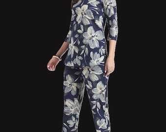 Pure Cotton Floral Print Kurti Pajama Set, Women's Comfortable Sleepwear
