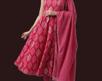 Ethnic Motifs Printed Anarkali Pure Cotton Kurta Trousers Dupatta Women Suit set Plus Size