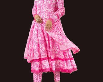 Floral Printed Regular Pure Cotton Anarkali Kurta Trousers Dupatta Women Suit set Plus Size