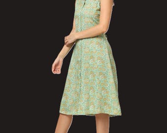 Green Floral Print Sleeveless Shirt Dress, Knee Length, Viscose Rayon, Handmade