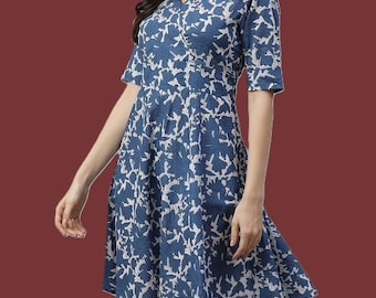 Blue White Floral Cotton Wrap Midi Dress, V-Neck Short Sleeve, Handmade Summer Casual