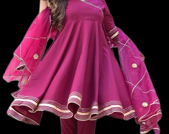 Wine Anarkali Dress Set | Gota Lace Detailing, Organza Dupatta (Plus Size)