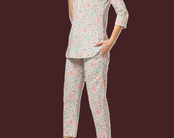 Plus & Regular Größe Blau Multi-Blumen-Print-Hemd mit Hosen Co-Ords kurta pent set